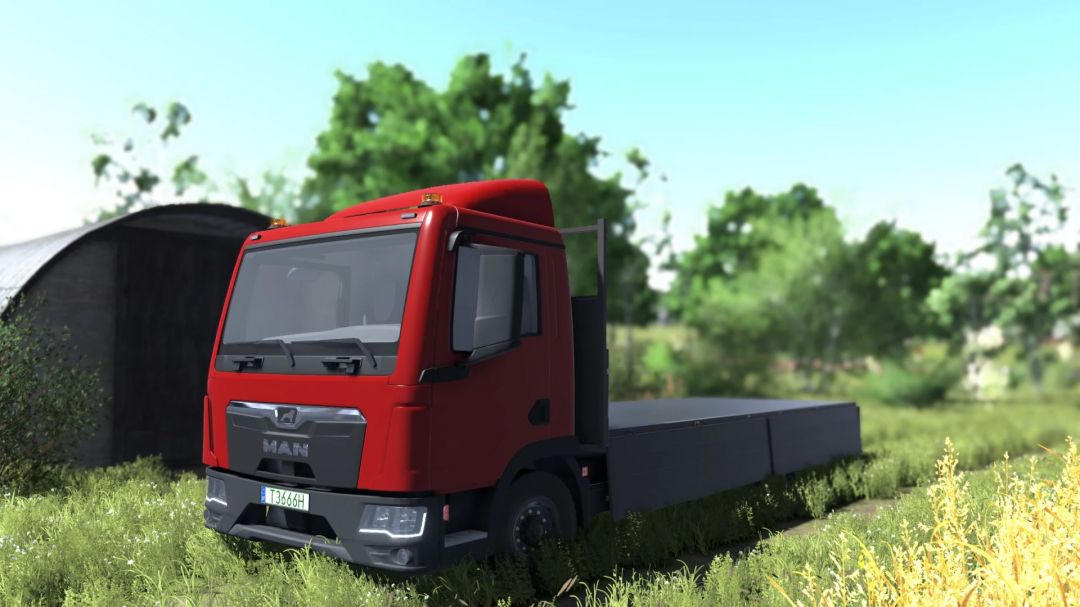 Farming Simulator 25 mod: Red MAN TGL 12.220 truck on a grassy field with trees in the background.
