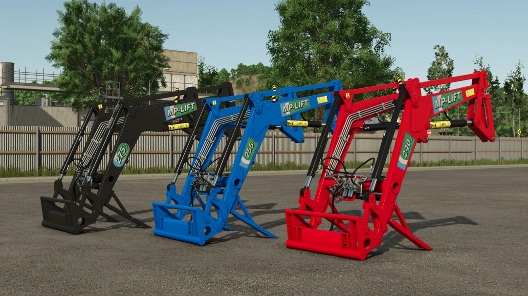 Three MP-LIFT front loader attachments in black, blue, and red for Farming Simulator 25, displayed outdoors on asphalt.
