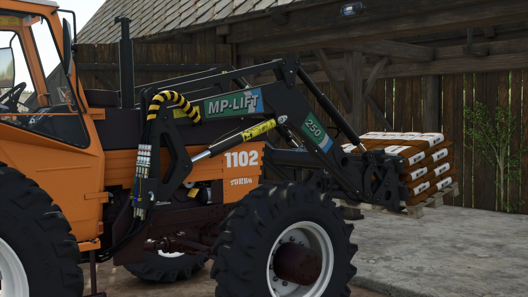 Farming Simulator 25 mod featuring an orange tractor with MP-Lift front loader attachment carrying pallets, for Farming Simulator 25 mods.
