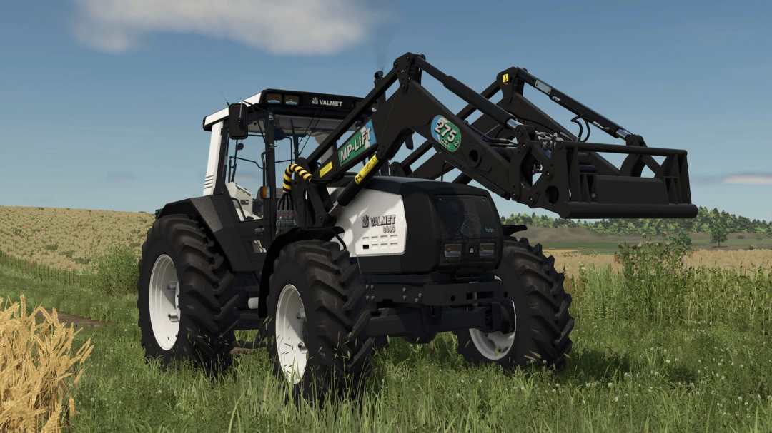 Farming Simulator 25 mod featuring a Valmet tractor with MP-Lift frontloader for versatile farm work.