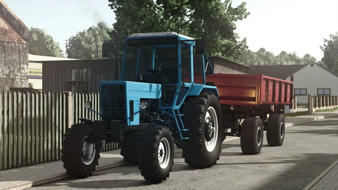 Farming Simulator 25 mod featuring a blue MTZ 82 tractor with a red trailer on a rural road for FS25 mods.