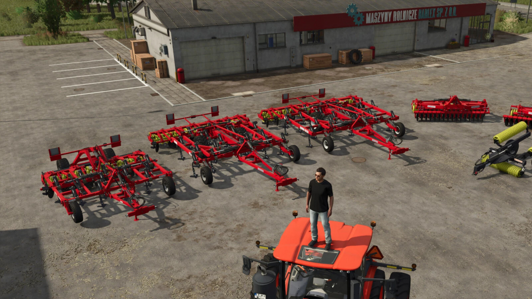 Farming Simulator 25: Multiple Madara Agro Cultivator packs parked outside a farm building, ready for use with FS25 mods.