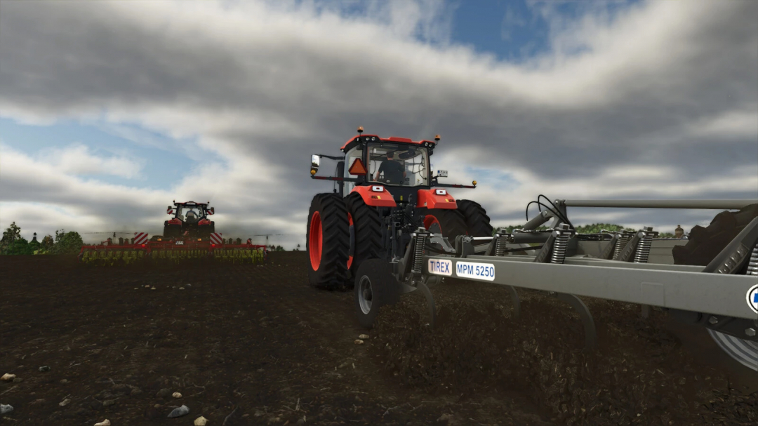 Farming Simulator 25 mod featuring two Madara Agro Cultivators working on a field under a cloudy sky.