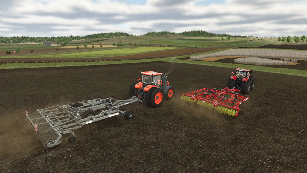 Farming Simulator 25 mods show two tractors with cultivators working on plowed fields, part of the Madara Agro Cultivator Pack v1.0.1.0 in FS25.