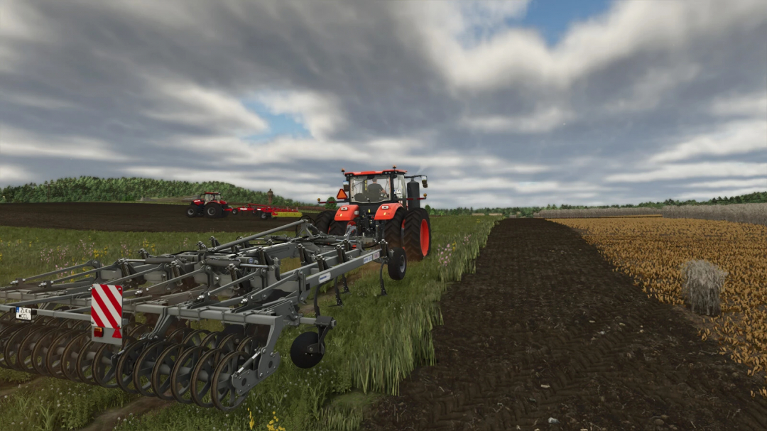 Farming Simulator 25 mod: tractor with Madara Agro Cultivator Pack v1.0.1.0, working on the field.