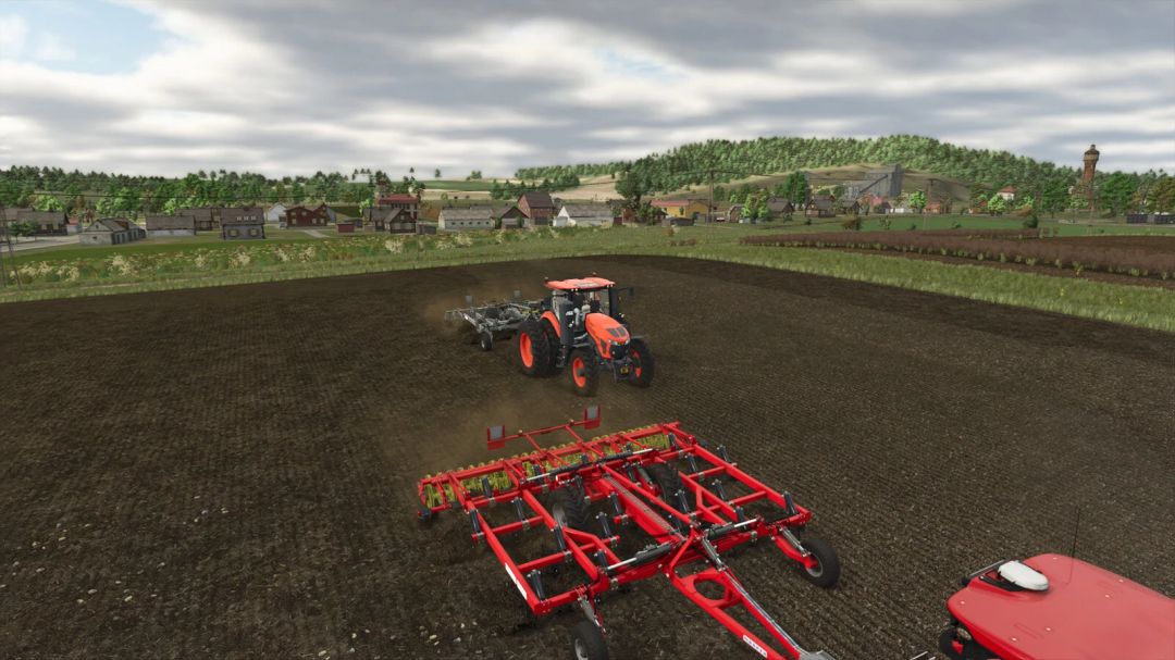 Farming Simulator 25 mod, a tractor with Madara Agro Cultivator Pack v1.0.1.0 working on a farm field.