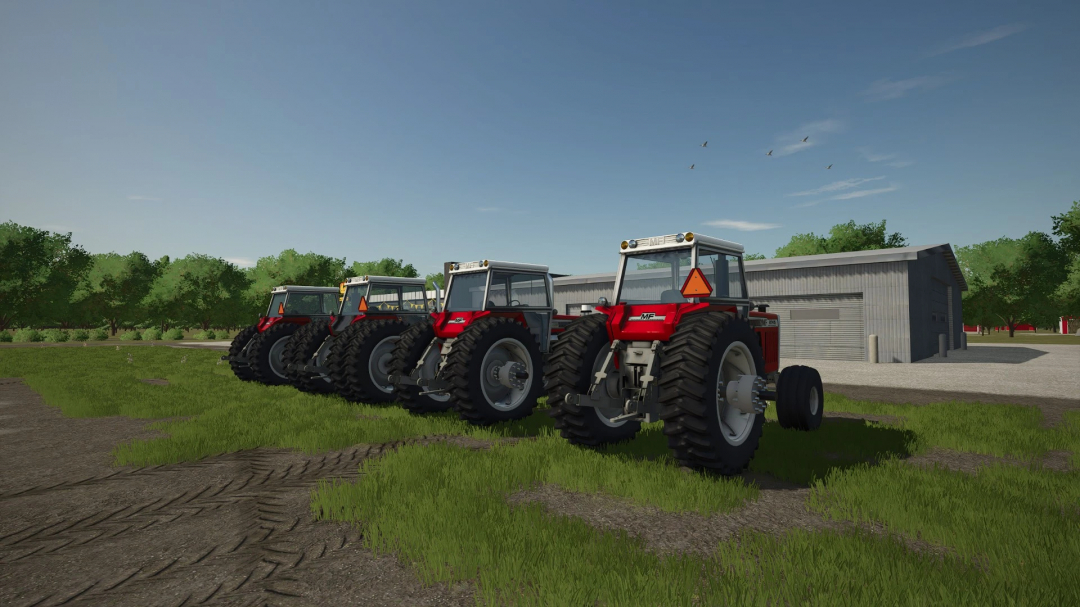 Four Massey Ferguson 2000 Series tractors lined up on a farm field in Farming Simulator 25, part of the FS25 mods collection.