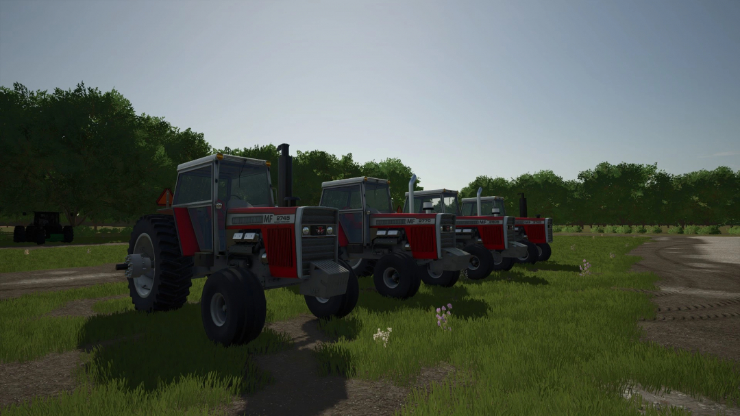 Lineup of Massey Ferguson 2000 Series tractors mod from Farming Simulator 25 on a farm field.