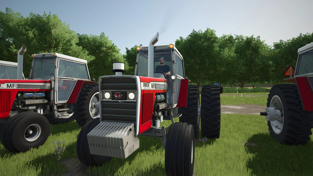 Farming Simulator 25 mod: Massey Ferguson 2000 Series Overhauled v1.0.0.0 tractors shown in a farm setting with lush green trees.