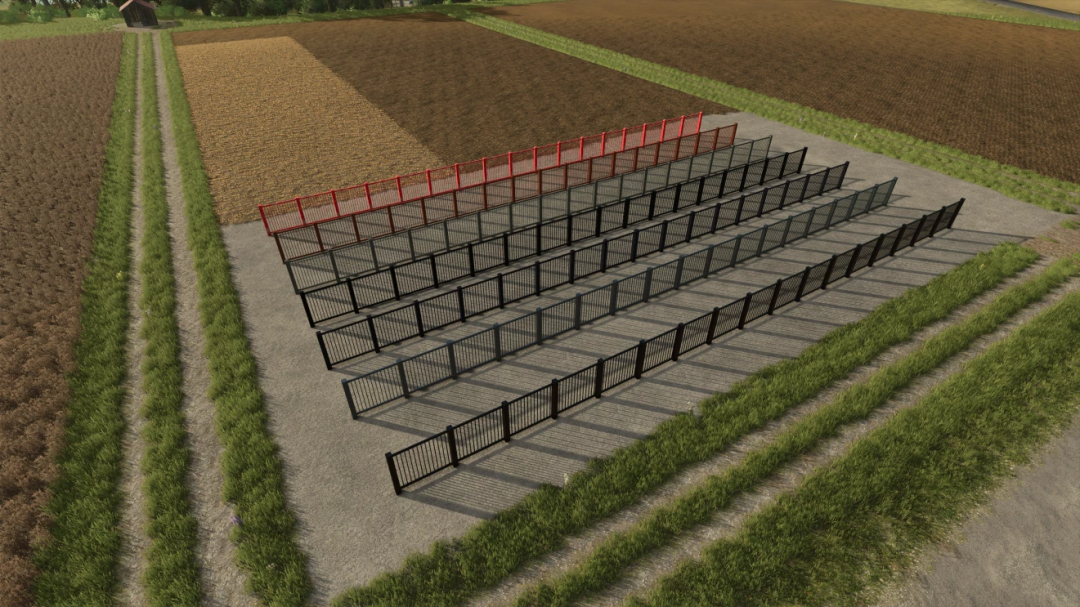 Farming Simulator 25 mods: Metal Fence With Gates Pack v0.9.0.0 in a farming field area.