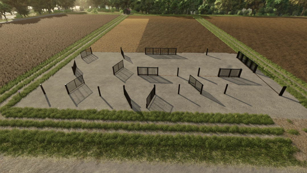 Farming Simulator 25 mod image of a parking area with multiple metal fences with gates, part of the Metal Fence With Gates Pack v0.9.0.0.