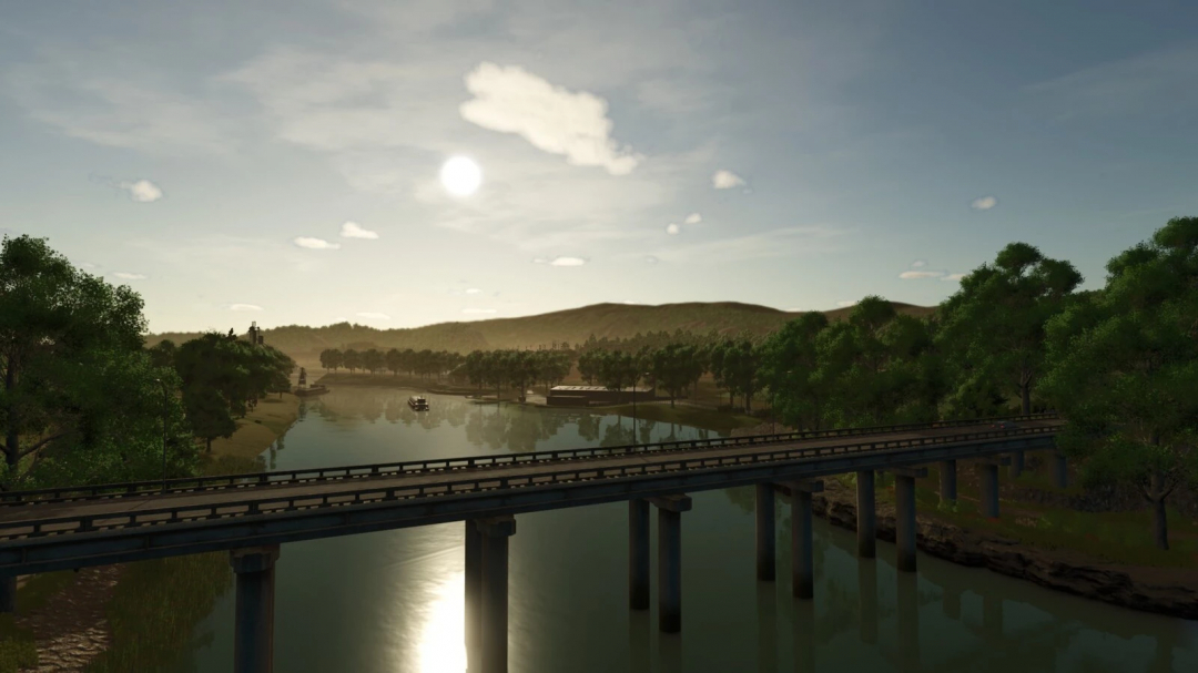 Scenic view of a river with a bridge, trees, and hills in the background in Farming Simulator 25 with New American v1.0.0.0 mod.
