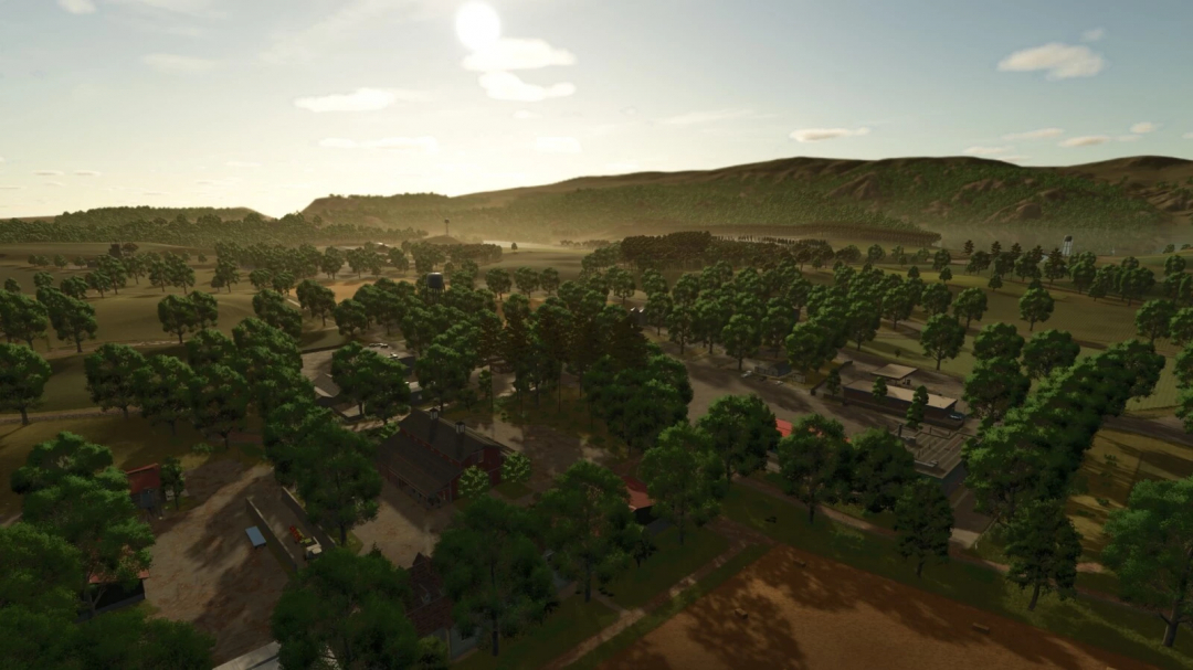 A scenic view of farmland and trees in Farming Simulator 25 with the New American v1.0.0.0 mod enabled, showing lush greenery and rural structures.