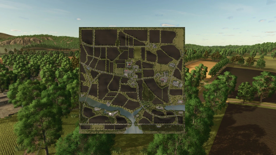 Map overview in Farming Simulator 25 with New American v1.0.0.0 mod, showing roads, fields, water bodies, and farm buildings.