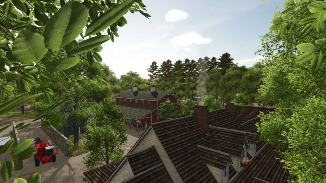 Scenic view of a farm in Farming Simulator 25 with lush trees, a red barn, and farm equipment, highlighting FS25 mods and Farming Simulator 25 mods.