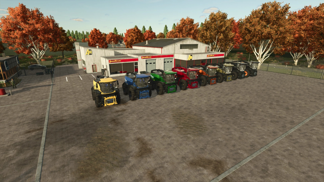 Farming Simulator 25 mods showcase colorful tractors parked in front of a farm equipment shop during autumn.