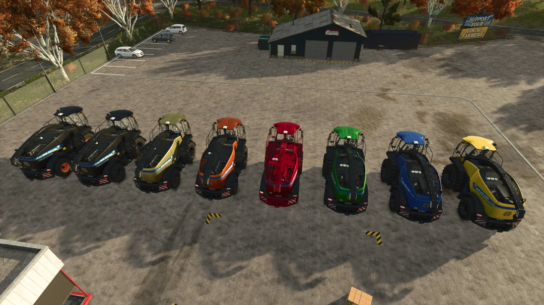 Colorful New Holland FR780 tractors lined up in Farming Simulator 25, showcasing FS25 mods for realistic farm equipment.