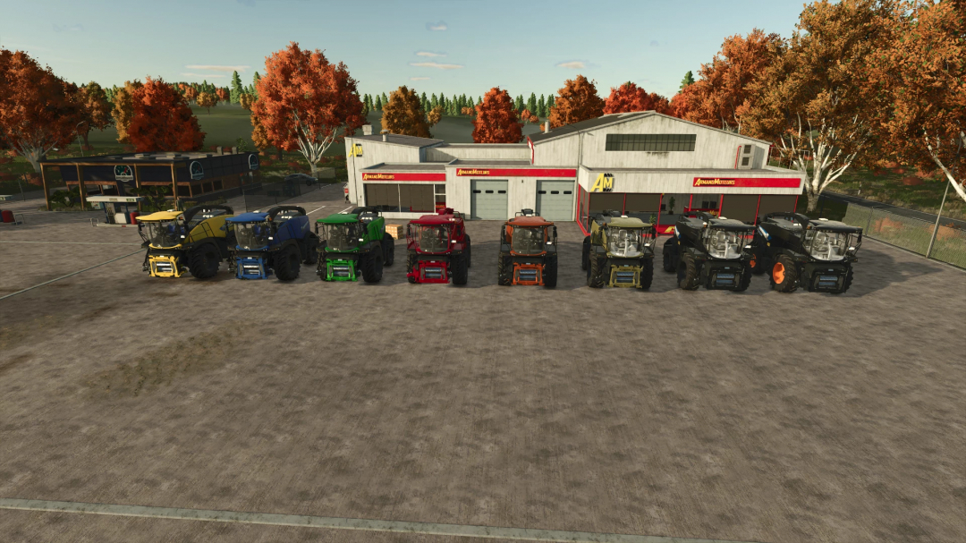Farming Simulator 25 mods: Lineup of colorful New Holland FR780 forage harvesters in front of a shop, autumn trees in the background.