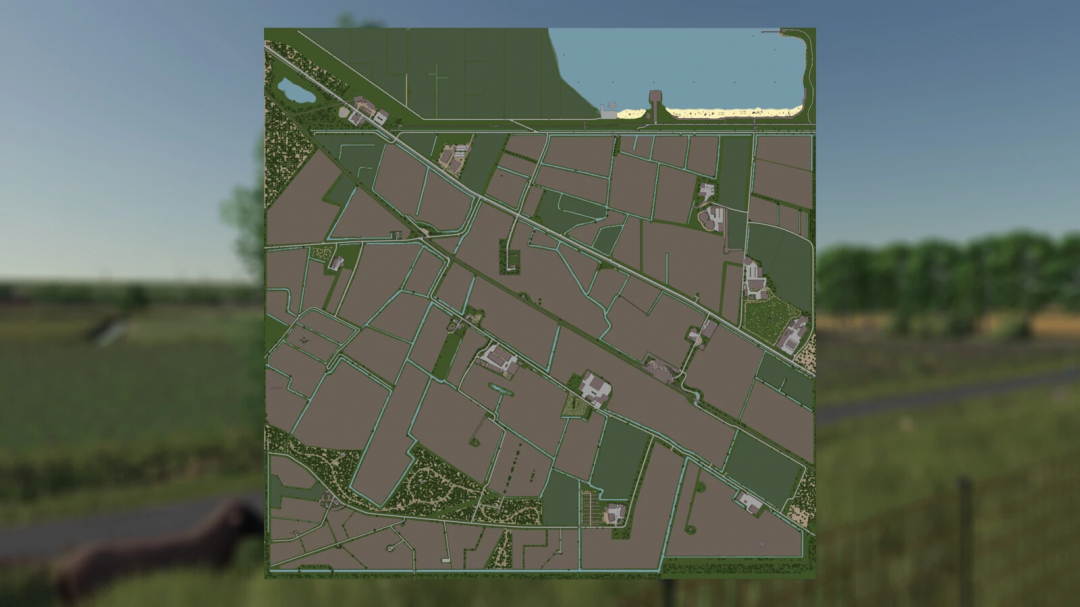 Map screenshot from Farming Simulator 25 showcasing North Frisian 25 mod v1.0.1.1, featuring farmland, water, and infrastructure.