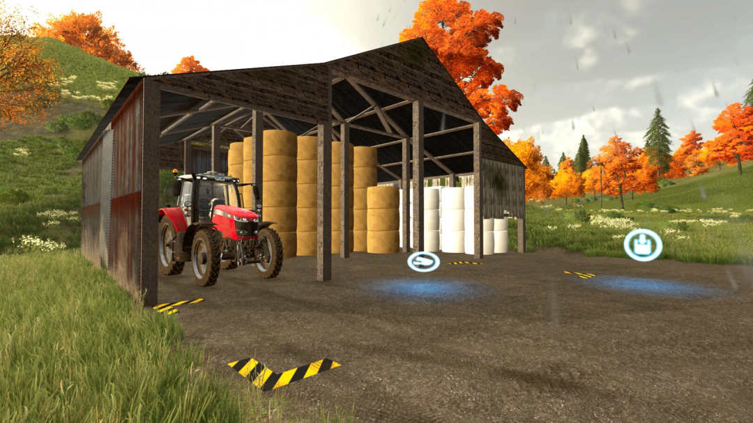 Farming Simulator 25 mods: Old Australian Barn v1.0.0.1 with a tractor and large hay bales in a scenic autumn landscape.