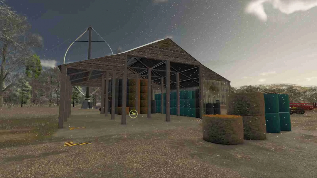 Old Australian Barn mod in Farming Simulator 25, outdoor farm storage with barrels and crates, in a rustic setting during dusk.
