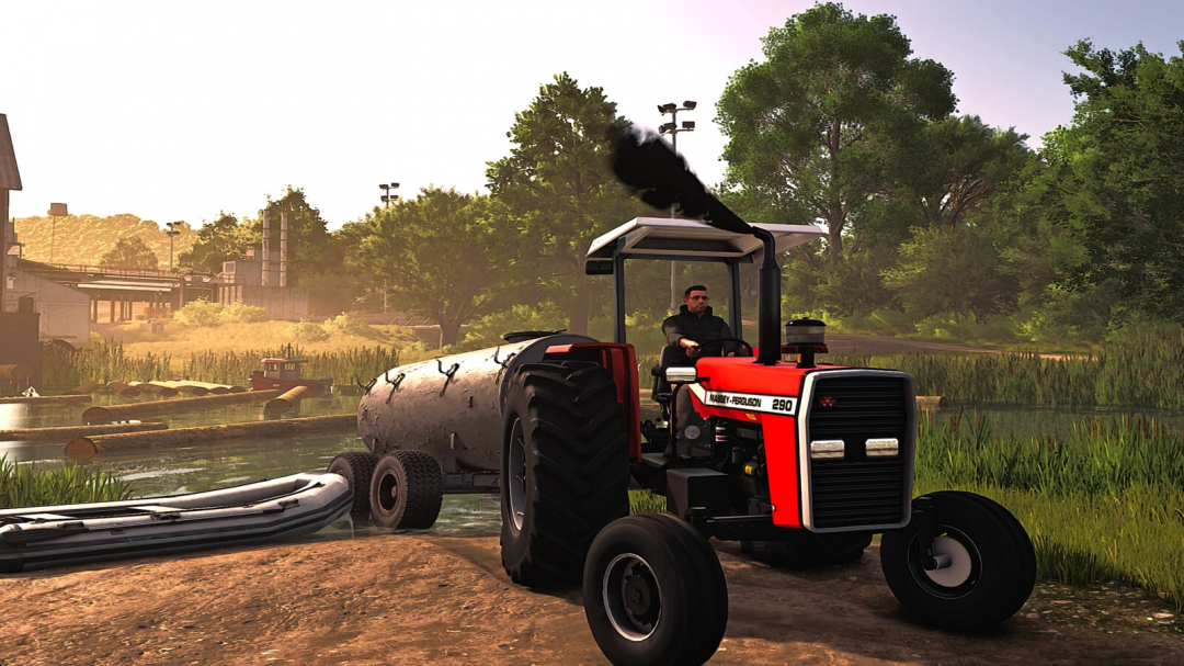 Farming Simulator 25 mod: Massey Ferguson 290 tractor with Old Tank Liquid mod, working near a water pond on the farm.