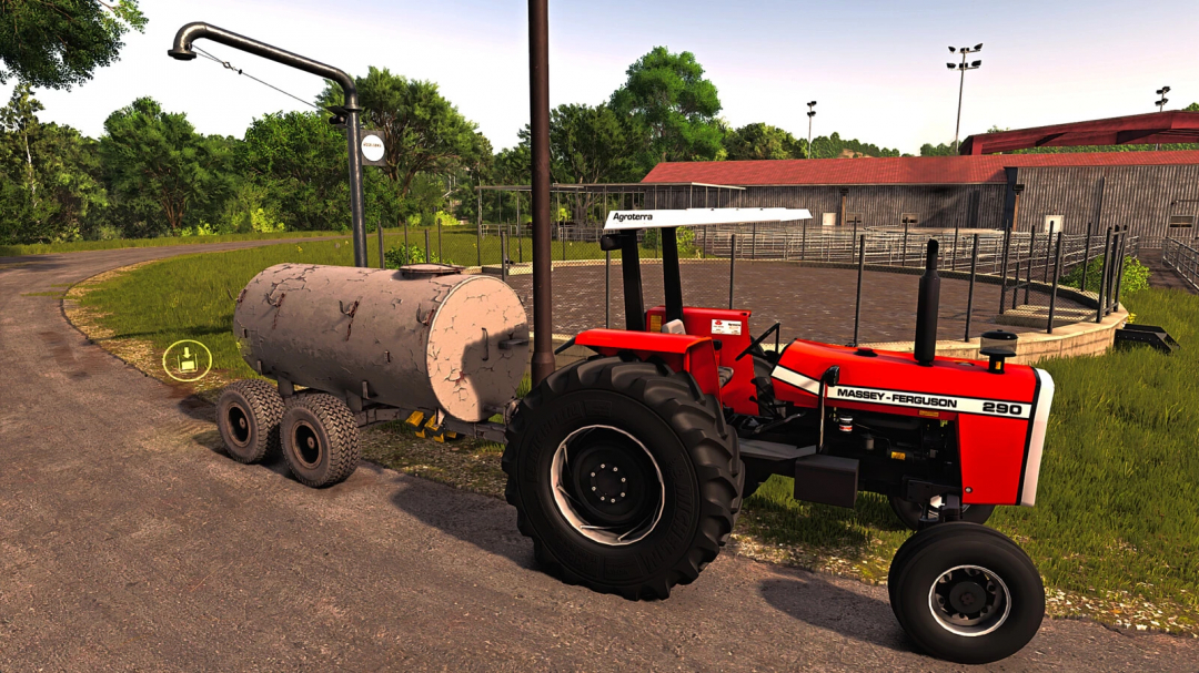 Farming Simulator 25 mod showing a Massey Ferguson 290 tractor with Old Tank Liquid mod, used for liquid storage in FS25.