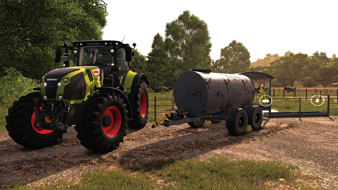 Farming Simulator 25 mod: tractor with a black liquid tank trailer, used for liquid storage, on a farm field with cows and trees.