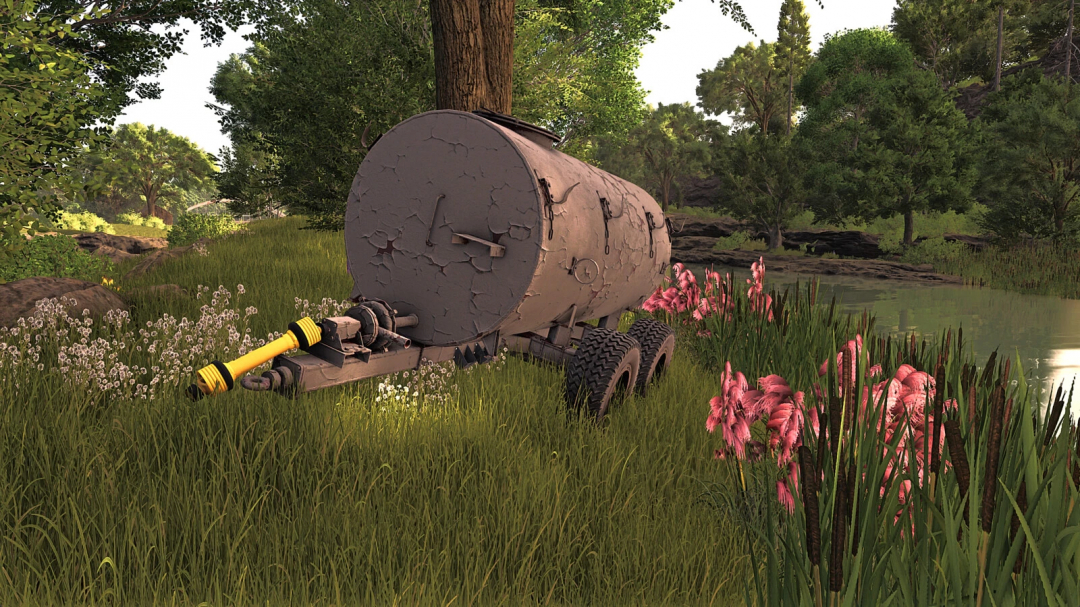 Farming Simulator 25 mod featuring an old rusted liquid tank trailer in a lush outdoor setting.