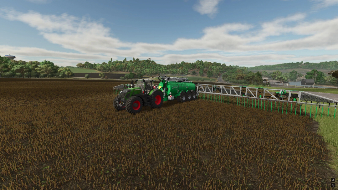 Farming Simulator 25 mod: PG II 28 Genesis v1.1.0.0, green tractor with sprayer attachment working in a field, realistic farm equipment.