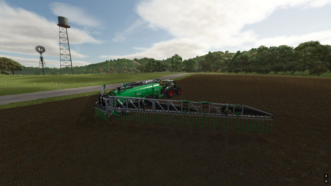 Farming Simulator 25 mod: PG II 28 Genesis v1.1.0.0 liquid manure spreader working in a field with a tractor in Farming Simulator 25.