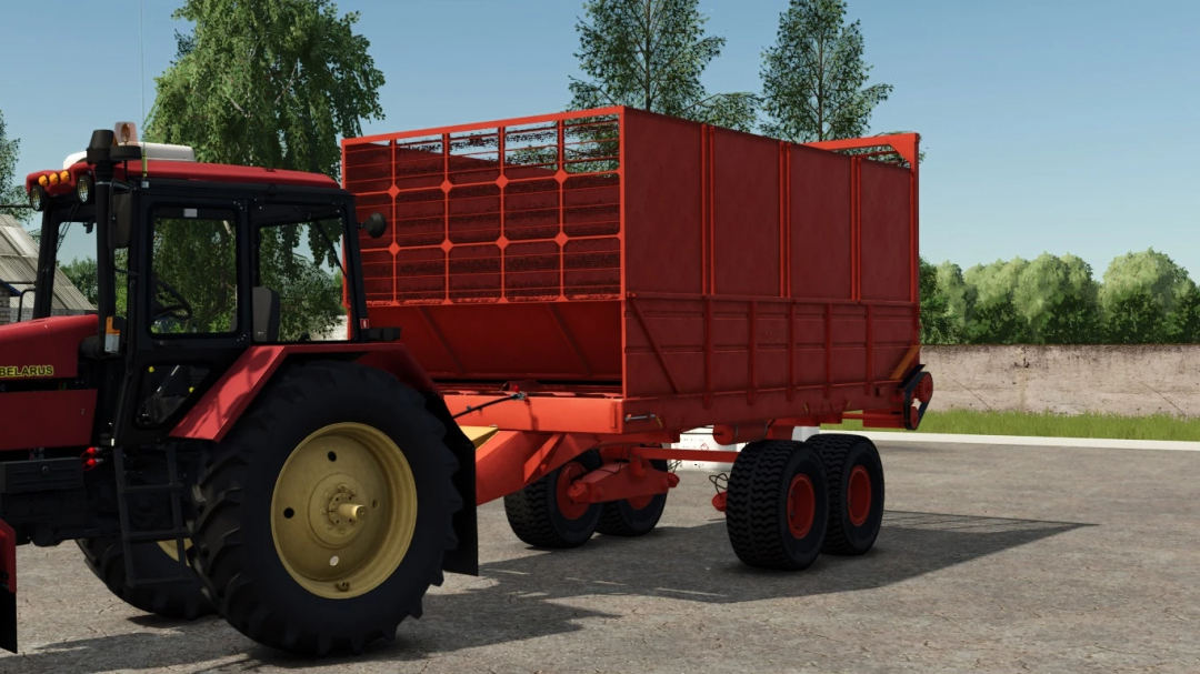 Farming Simulator 25 mod: red PRT-10 agricultural trailer attached to a tractor, used for transporting crops or farm materials.