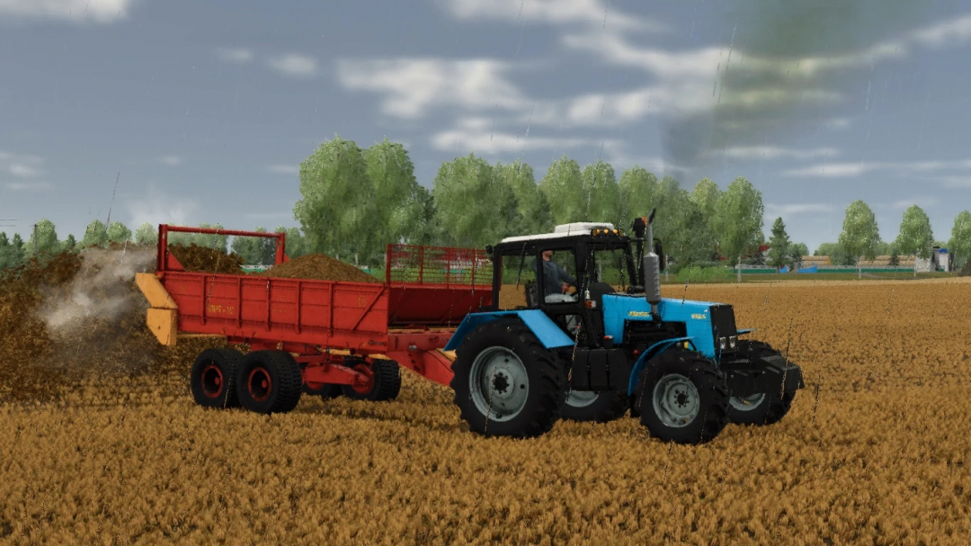 Farming Simulator 25 mod featuring a blue tractor pulling a red manure spreader in a field during rain.