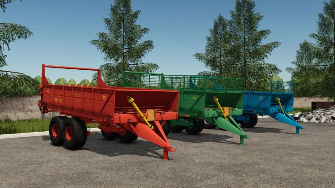 Three colorful farm trailers with yellow hydraulic systems in Farming Simulator 25, showcasing FS25 mods like PRT-10 v1.0.0.0.