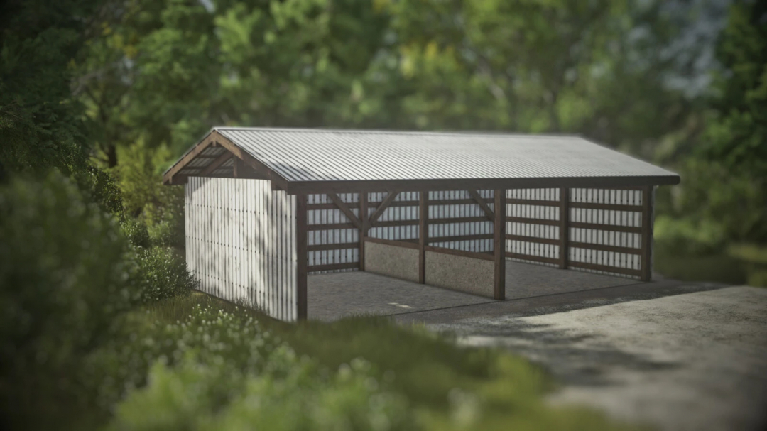FS25 mod: Small shelter with metal siding and roof, ideal for farming storage or equipment in Farming Simulator 25.