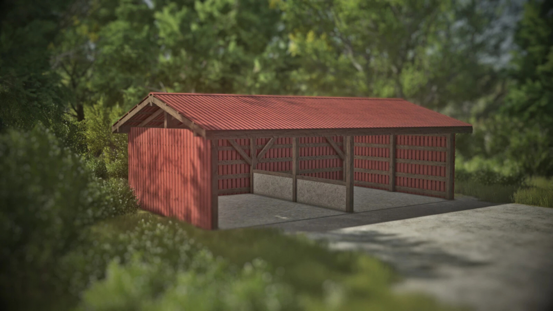 Farming Simulator 25 mod: a small red barn shelter with a metal roof, ideal for storage and farm equipment, from the Pack Of Small Shelters v1.0.0.0
