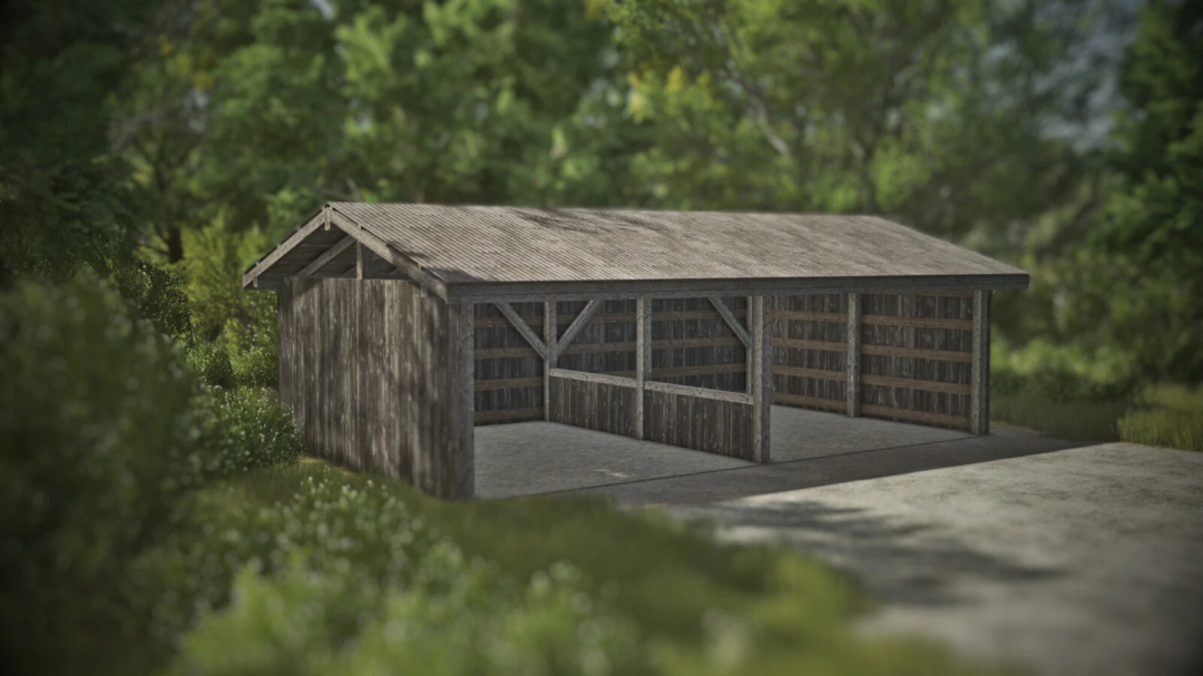 Rustic wooden shelter mod in Farming Simulator 25, part of the Pack Of Small Shelters v1.0.0.0 for FS25 mods.