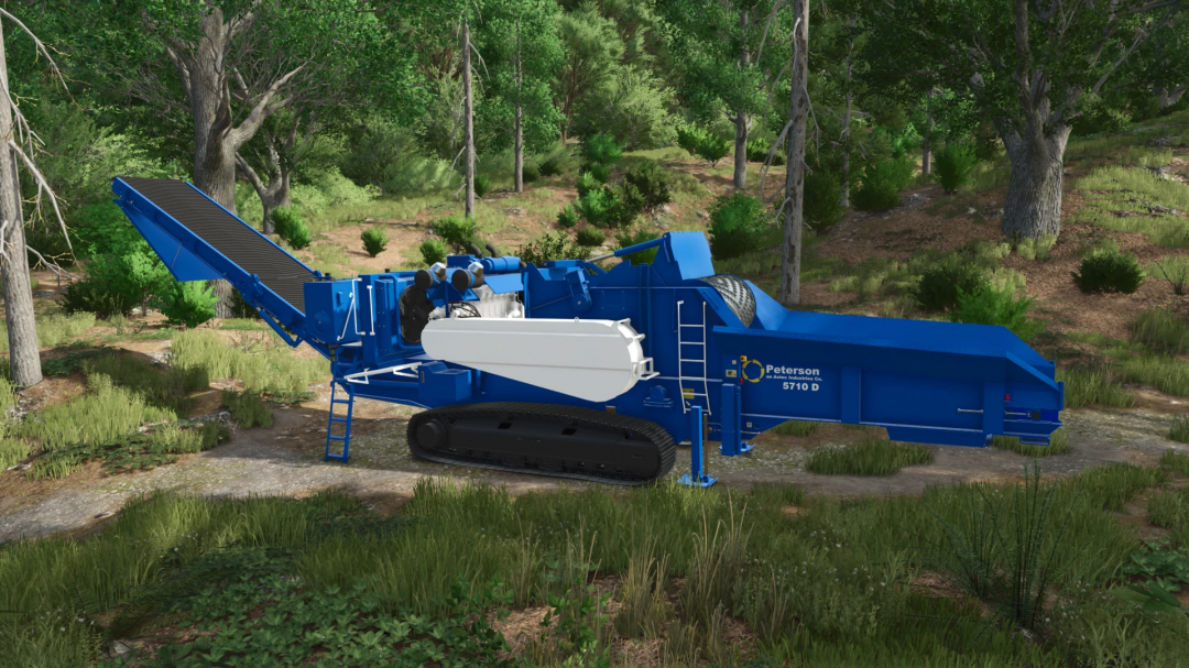 Farming Simulator 25 mods: Peterson 5710D conveyor system in a wooded terrain, part of FS25 mods.