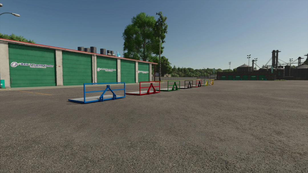 Colorful barriers in front of a building with 'Axle's Tractor Center' sign, from Farming Simulator 25 mods, FS25 mods.