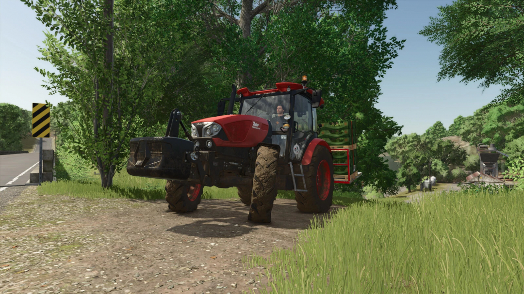 Farming Simulator 25 mod: red tractor with platform attachment, surrounded by trees near a rural road.