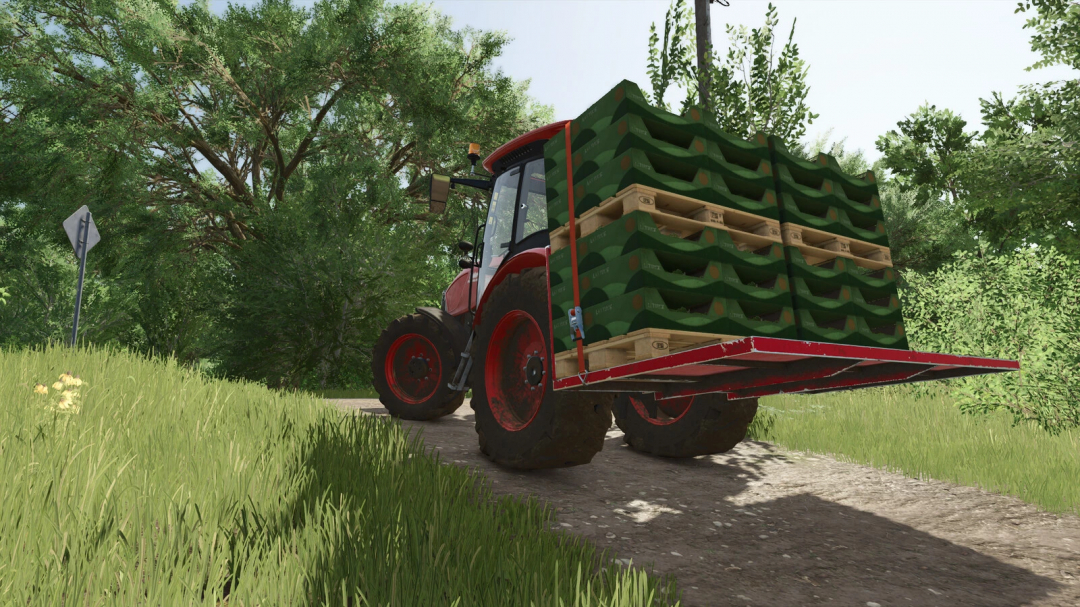 Farming Simulator 25 mod showing a tractor with a platform carrying multiple green pallets, part of FS25 mods.