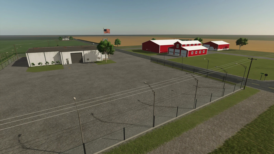 Farming Simulator 25 mod: Prairie Farm Michigan v1.2.0.0 showing a farm with red buildings, open yard, and surrounding fields.