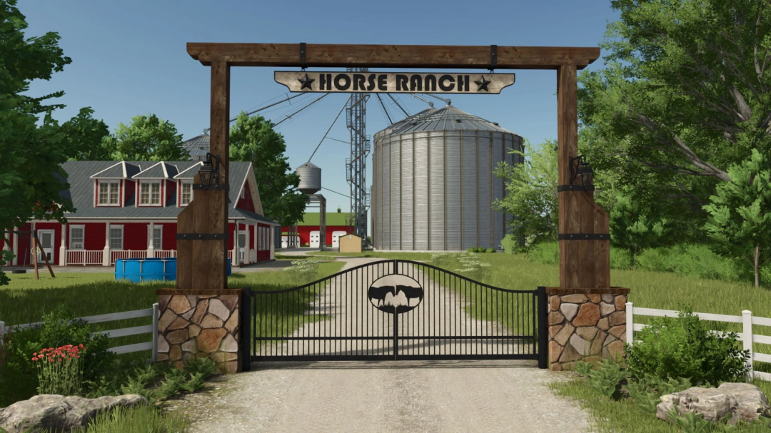 Farm entrance gate with 'Horse Ranch' sign, farm buildings, silos, trees, and a gravel driveway in Farming Simulator 25 mods.