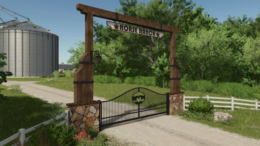 Farm entrance gate with Horse Ranch sign, wooden and metal design, in a rural farm setting for Farming Simulator 25 mods.