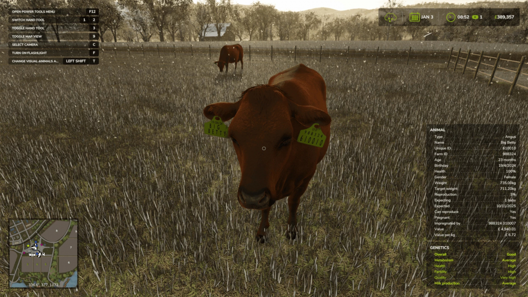Farming Simulator 25 mod screenshot featuring a realistic cow with tags, part of the livestock mods in FS25, in a farm field.