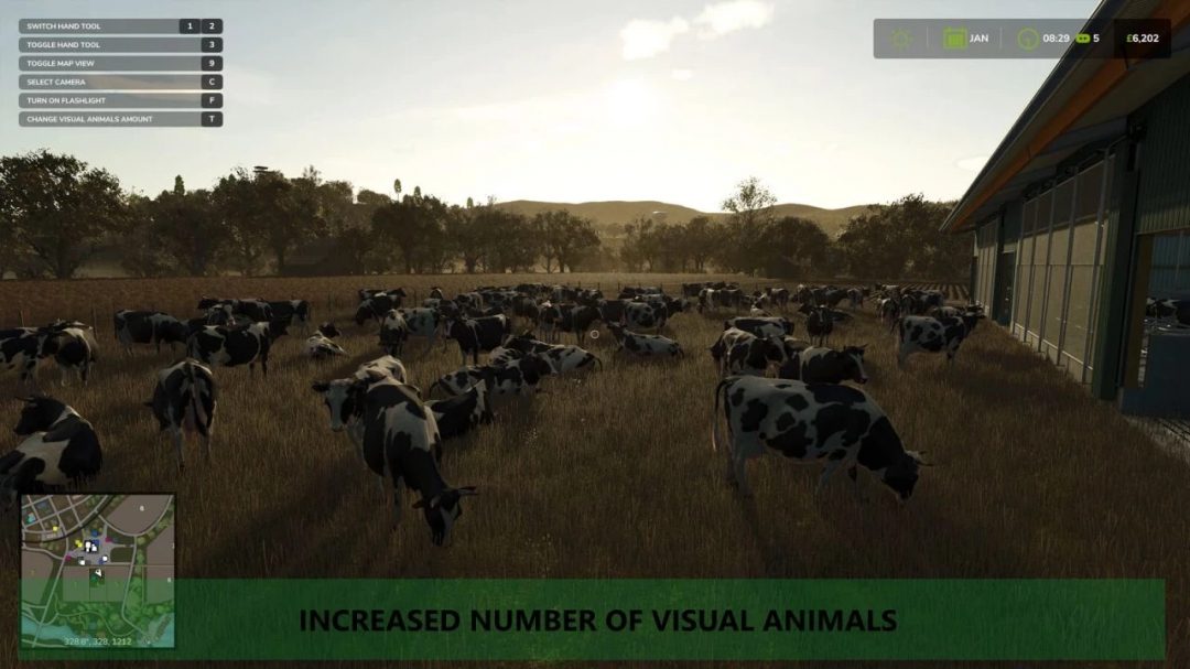 Farming Simulator 25 mod showcasing increased number of visual animals, with a herd of cows outside a barn at sunset.