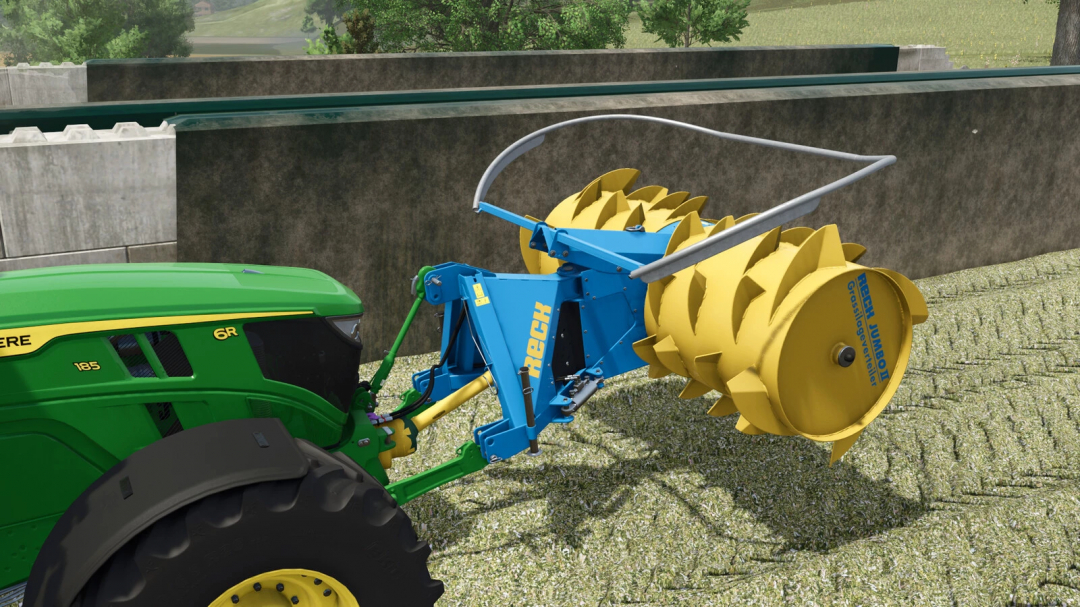 Farming Simulator 25 mod: Reck JUMBO 2 silage cutter attached to a green tractor, working on a farm field.
