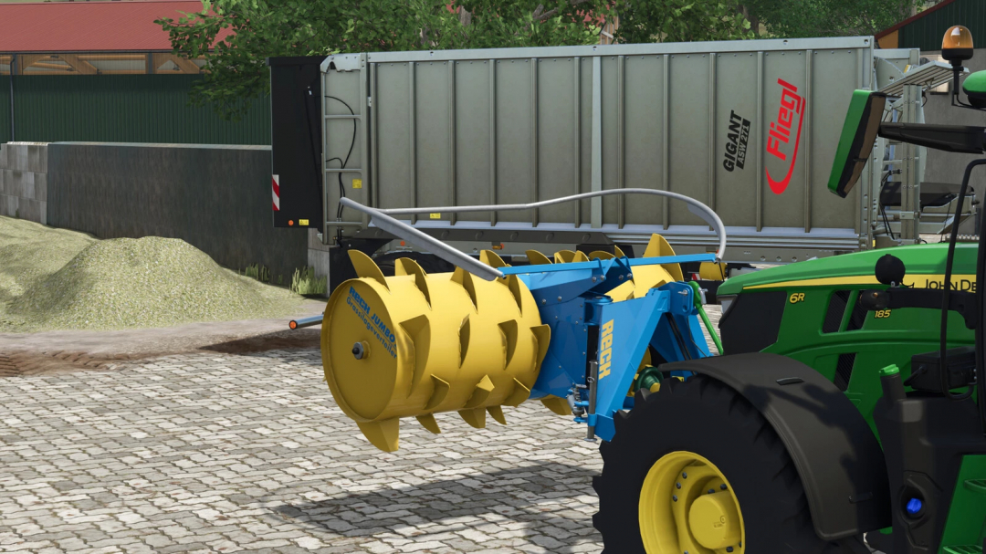 Farming Simulator 25 mod: JD green tractor with yellow Reck JUMBO 2 snowblower attachment and Gigant Austria truck in the background.