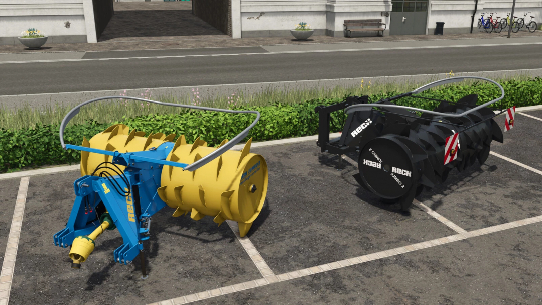 Reck JUMBO 2 v1.0.0.0 mod for Farming Simulator 25, a large agricultural disc harrow with yellow and black versions, displayed in a parking lot.