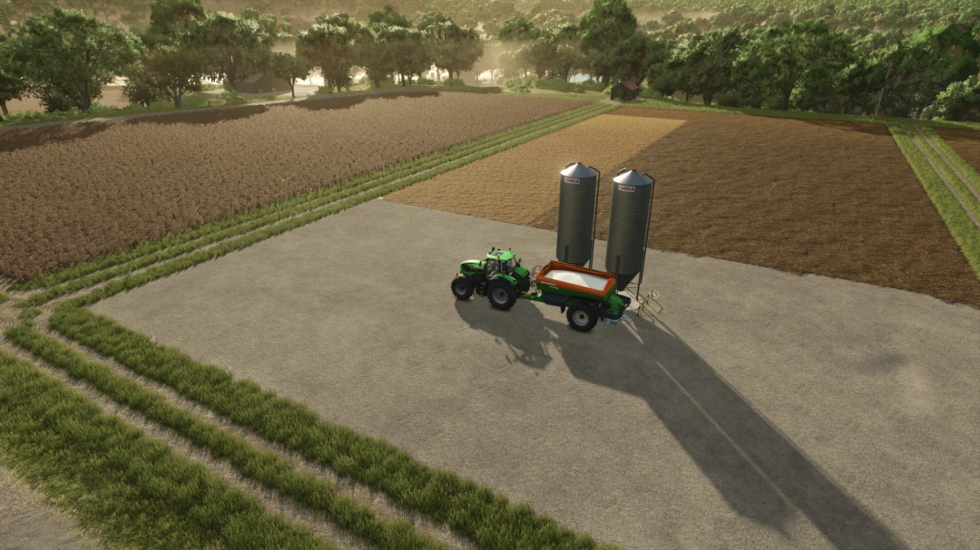 Farming Simulator 25 mod: Tractor with dual silos and fertilizer spreader for expanded farm storage, part of Refill Farm Storage Pack V0.9.